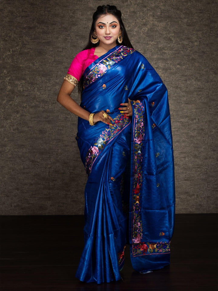 Wonderful Blue Embroidered Tussar Silk Saree - WeaversIndia