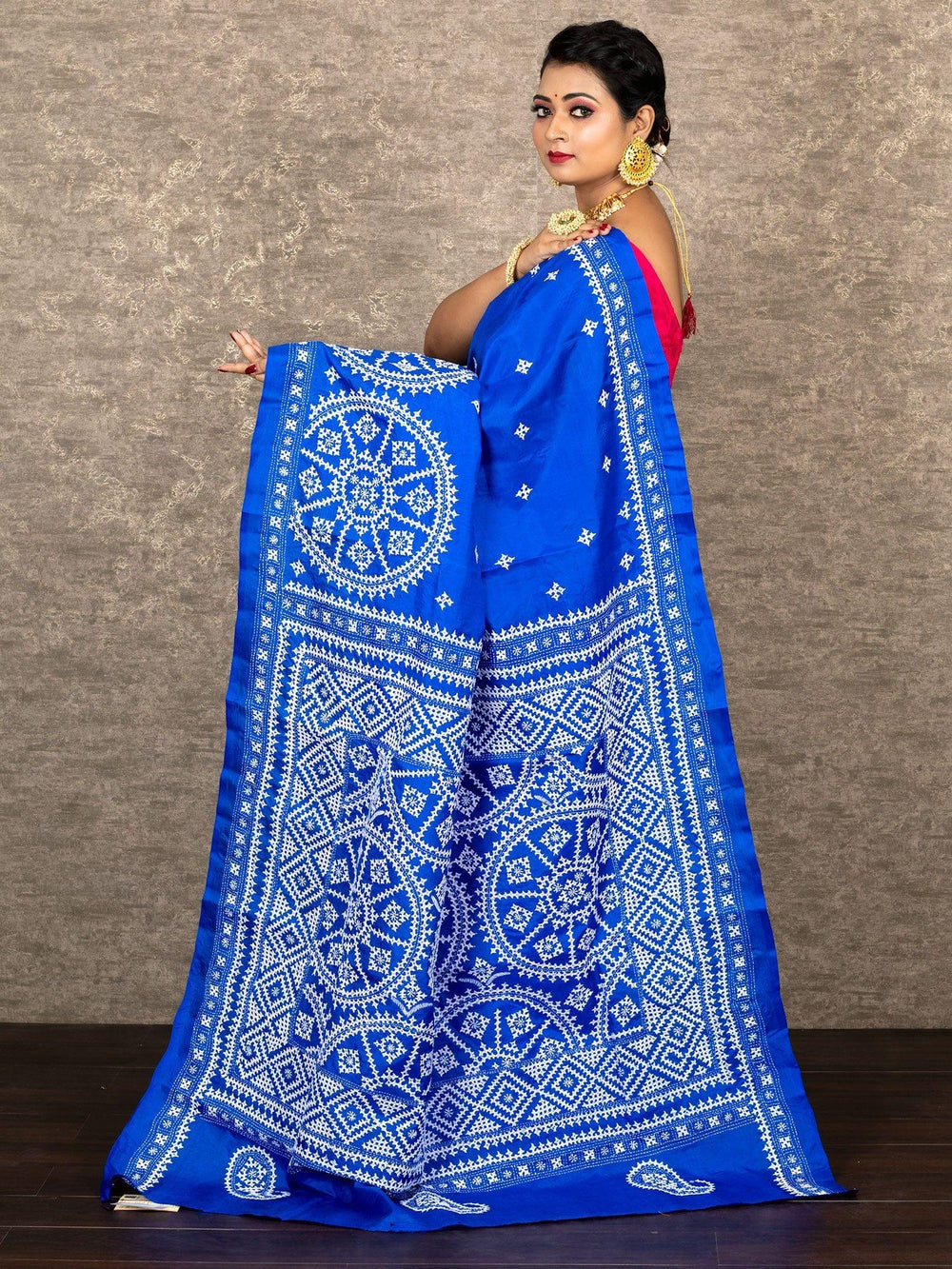 Wonderful Blue Gujrati Kantha Stitch Bangalore Silk Saree - WeaversIndia