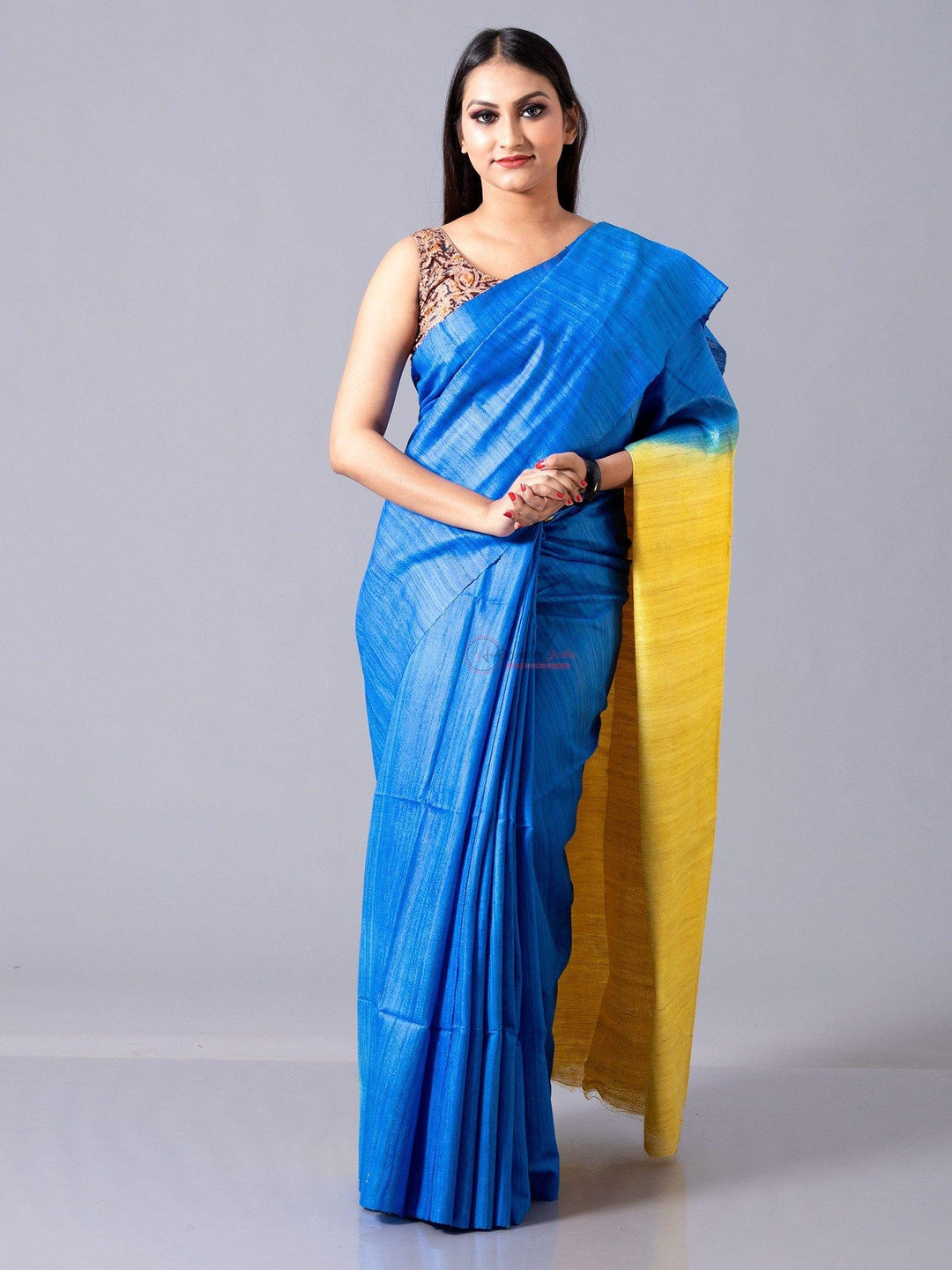 Wonderful Blue With Yellow Body Anchal Ghicha Silk Saree - WeaversIndia