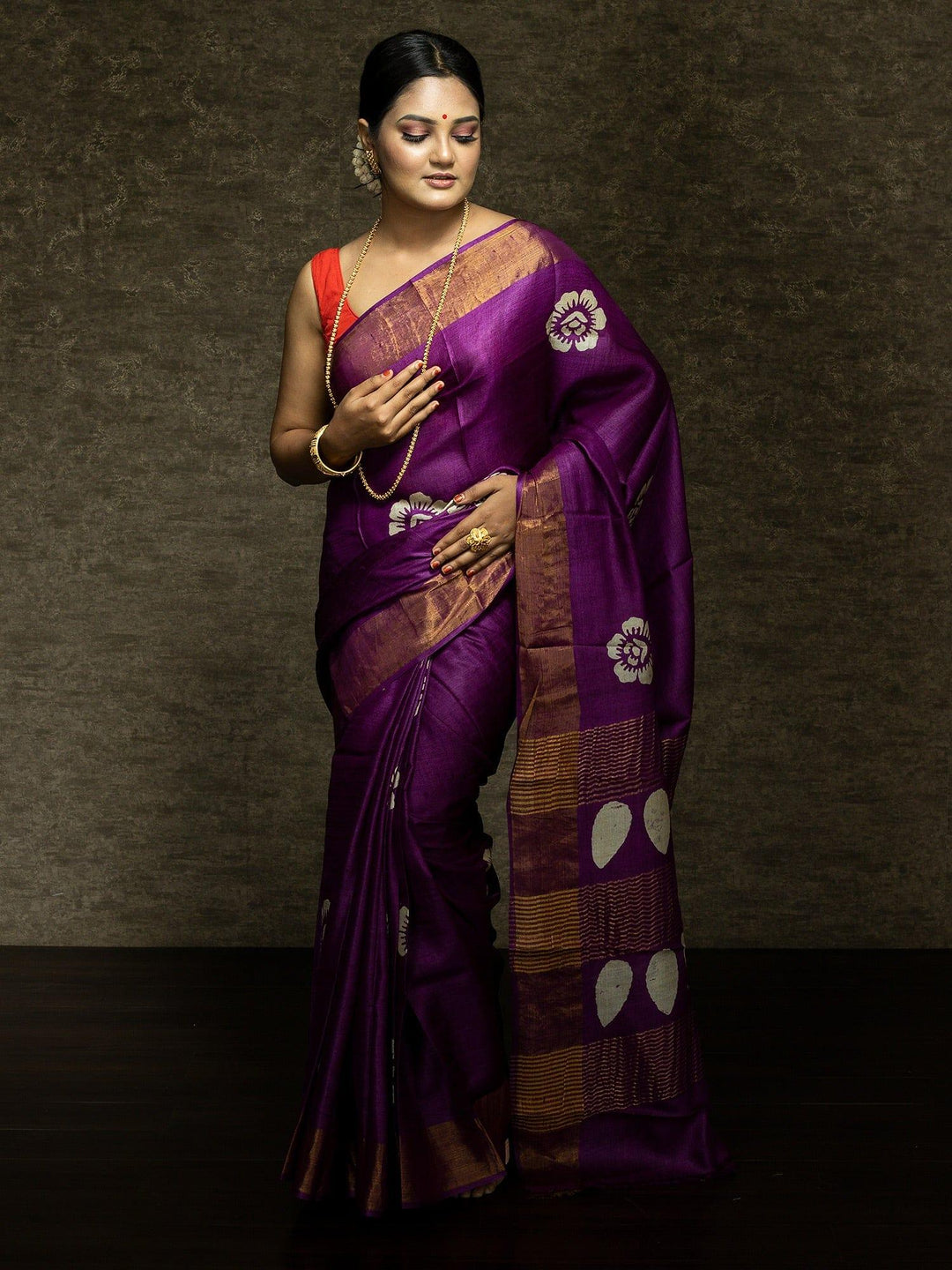 Wonderful Dark Magenta Block Printed Tussar Silk Saree - WeaversIndia