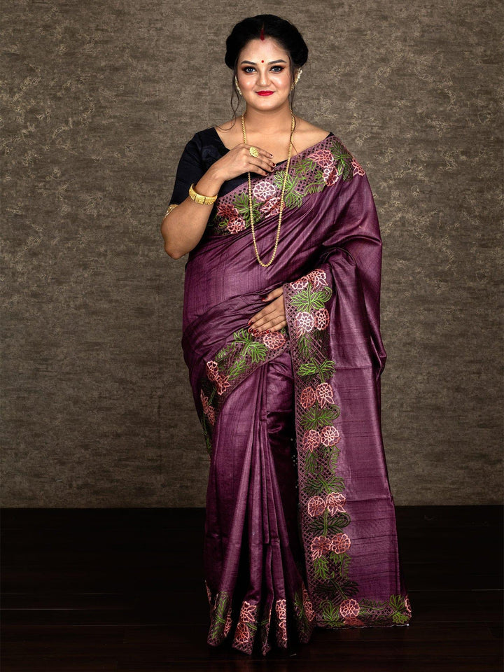 Wonderful Embroidered Cutwork Tussar Silk Saree - WeaversIndia