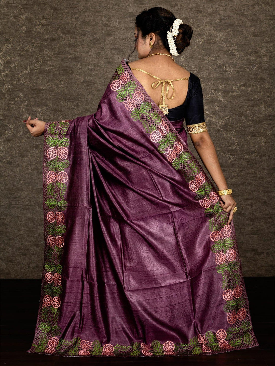 Wonderful Embroidered Cutwork Tussar Silk Saree - WeaversIndia