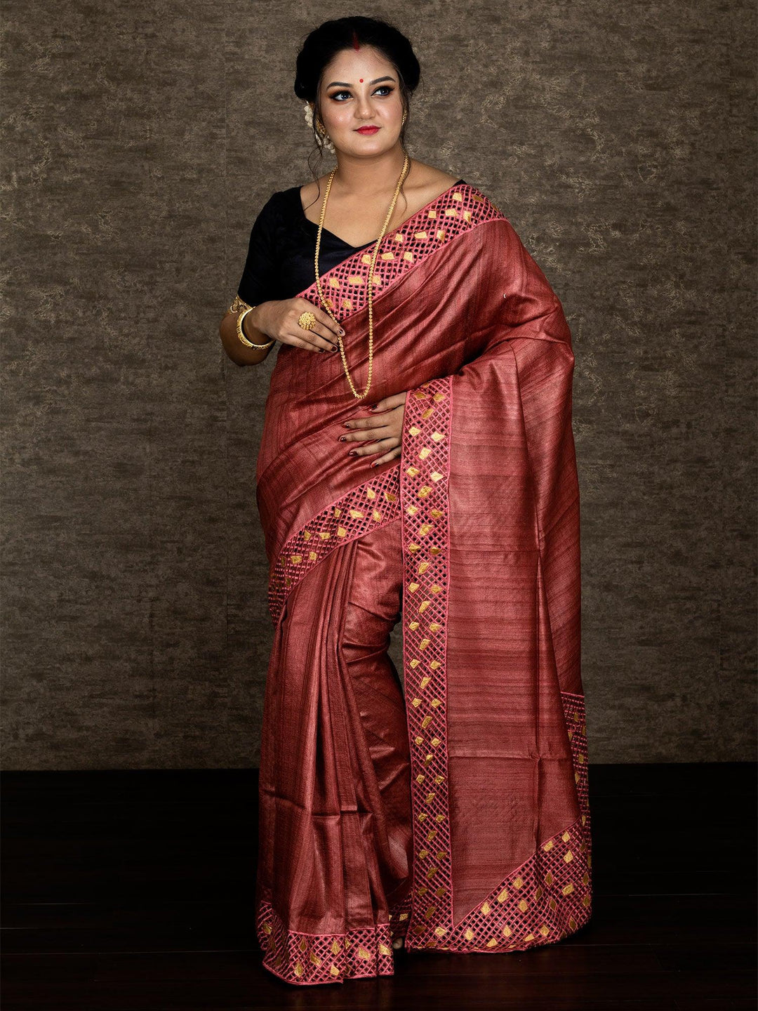 Wonderful Faded Maroon Embroidered Cutwork Tussar Silk Saree - WeaversIndia