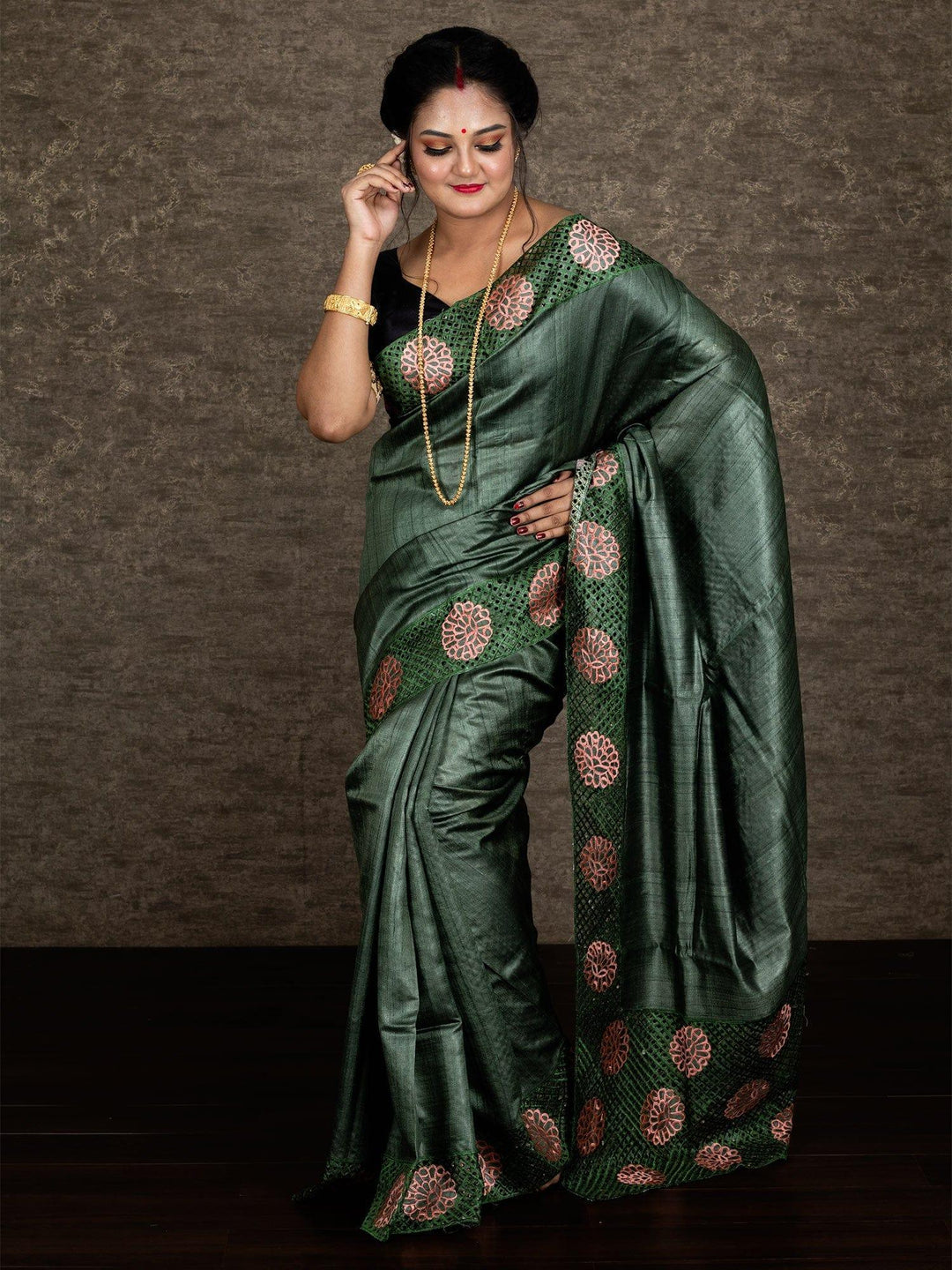 Wonderful Fern Green Embroidered Cutwork Tussar Silk Saree - WeaversIndia