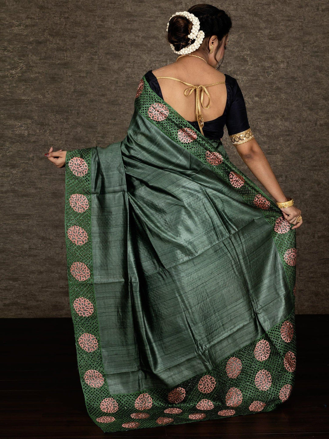 Wonderful Fern Green Embroidered Cutwork Tussar Silk Saree - WeaversIndia