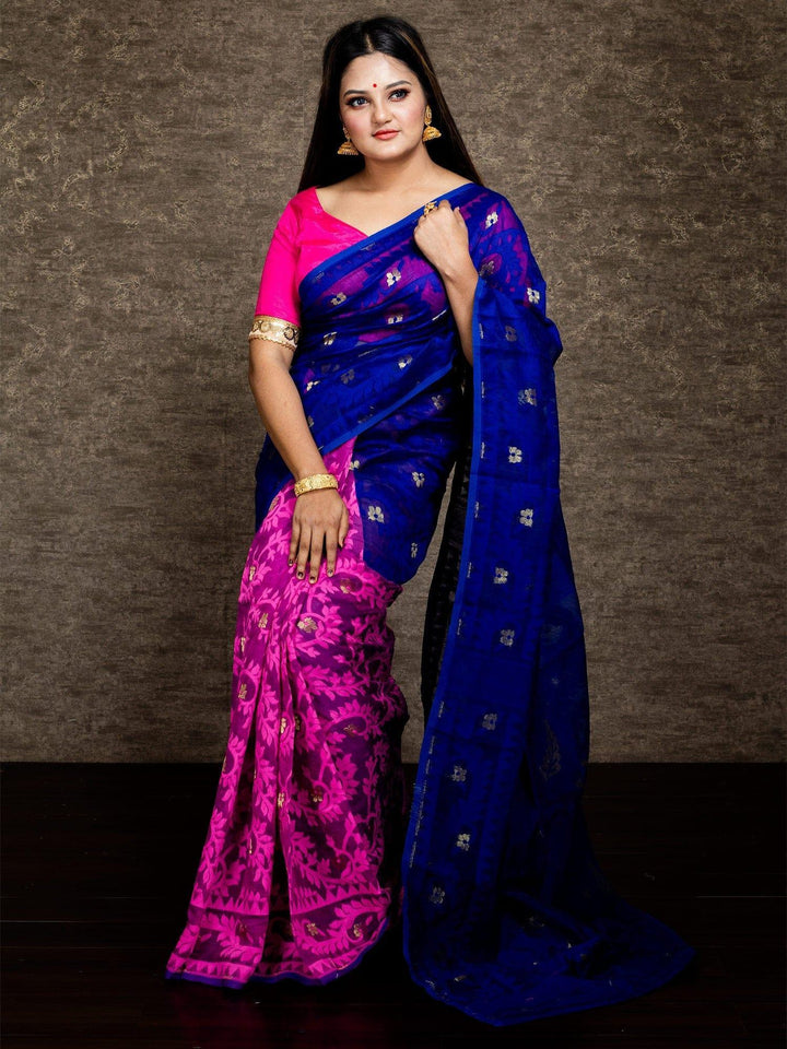 Wonderful Half Half Blue & Pink Soft Dhakai Jamdani Saree - WeaversIndia