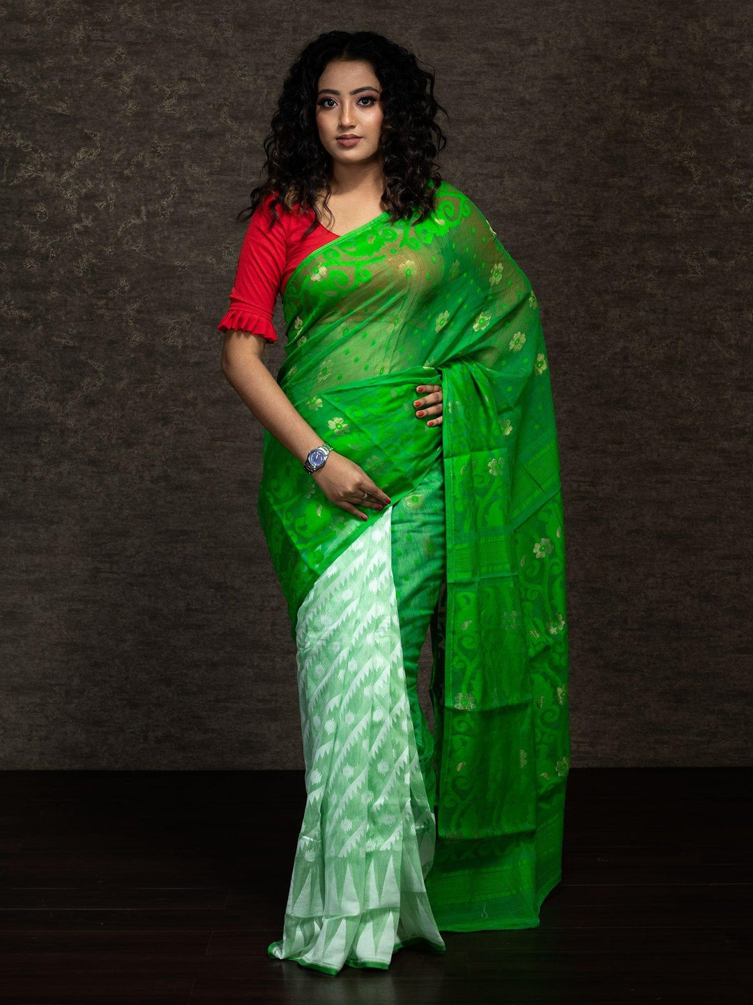 Wonderful Half Half Green Mint Soft Dhakai Jamdani Saree - WeaversIndia