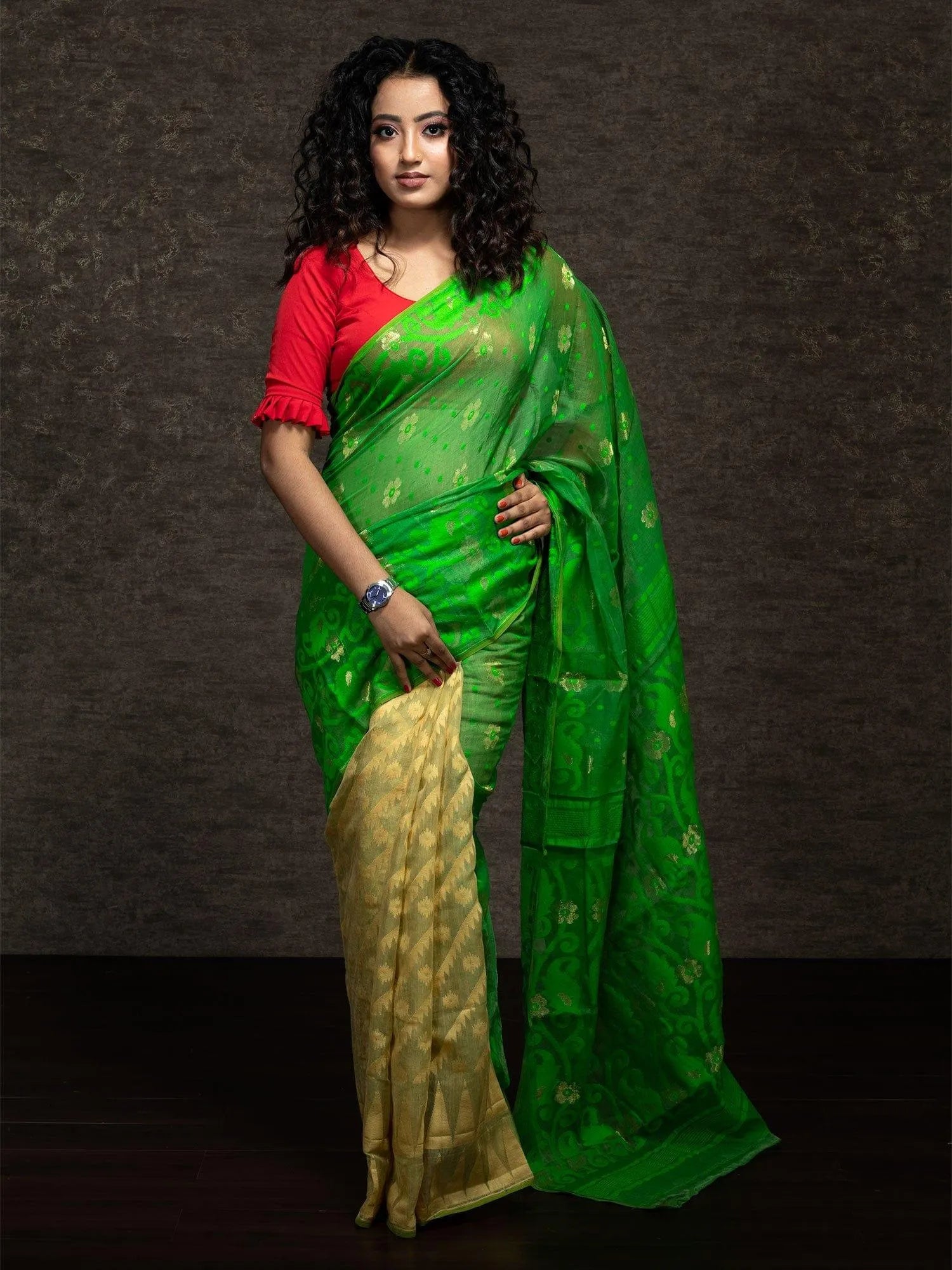 Wonderful Half Half Green Yellow Soft Dhakai Jamdani Saree - WeaversIndia