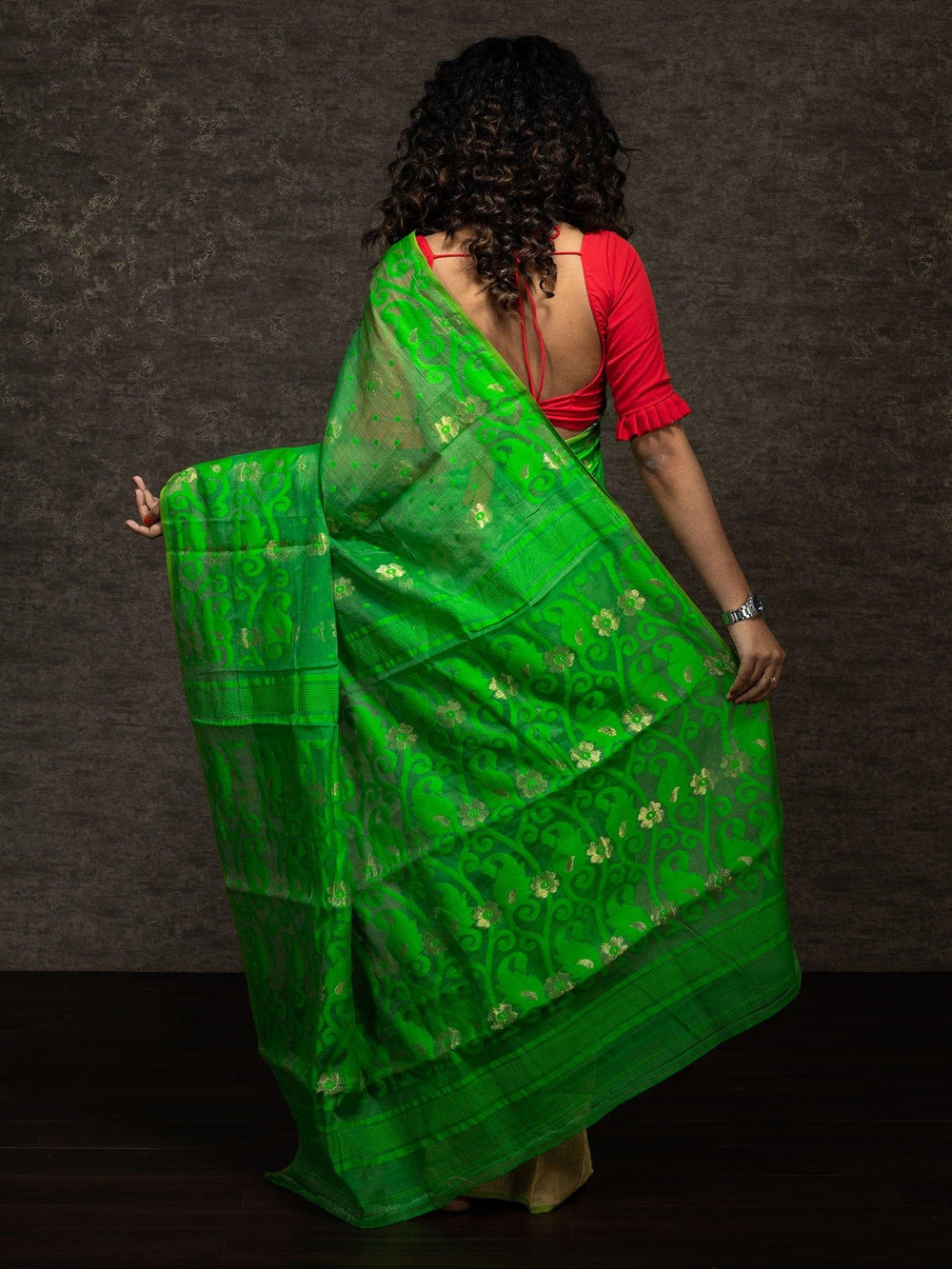 Wonderful Half Half Green Yellow Soft Dhakai Jamdani Saree - WeaversIndia