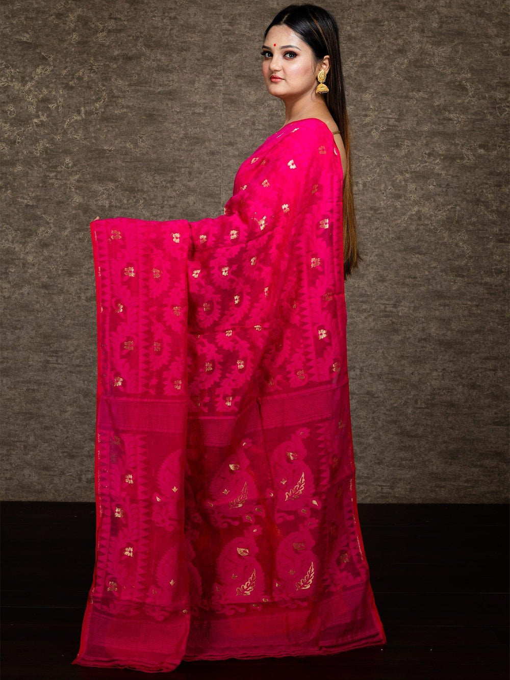 Wonderful Half Half Pink & Yellow Soft Dhakai Jamdani Saree - WeaversIndia