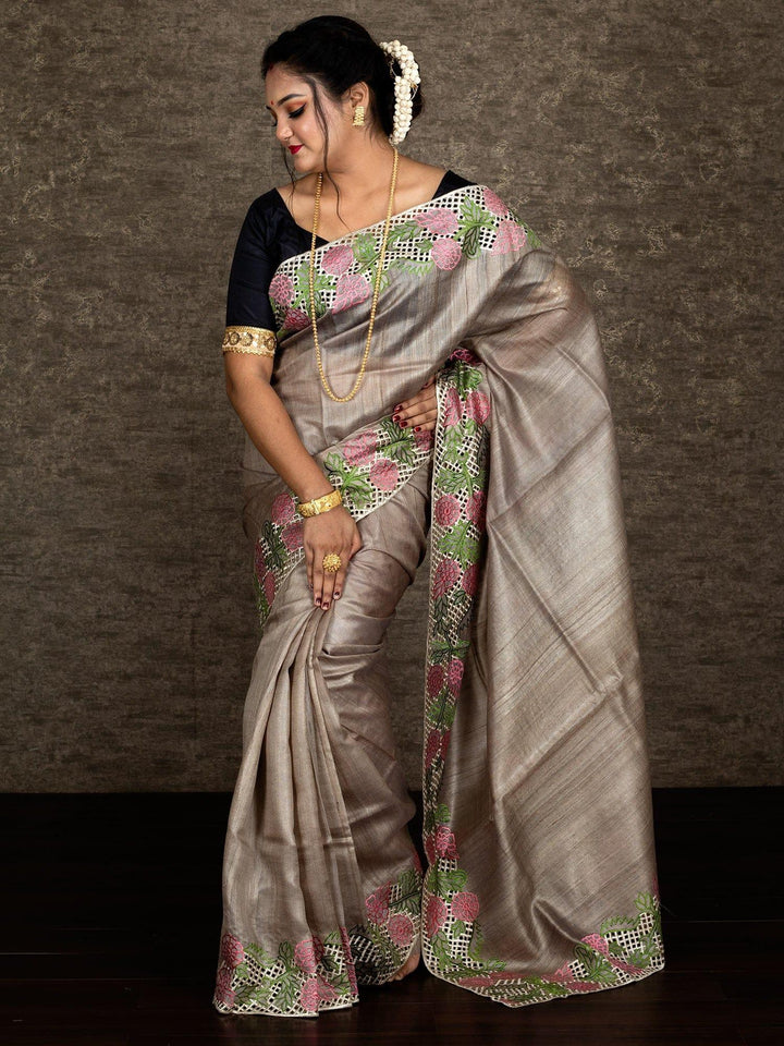 Wonderful Khaki Embroidered Cutwork Tussar Silk Saree - WeaversIndia