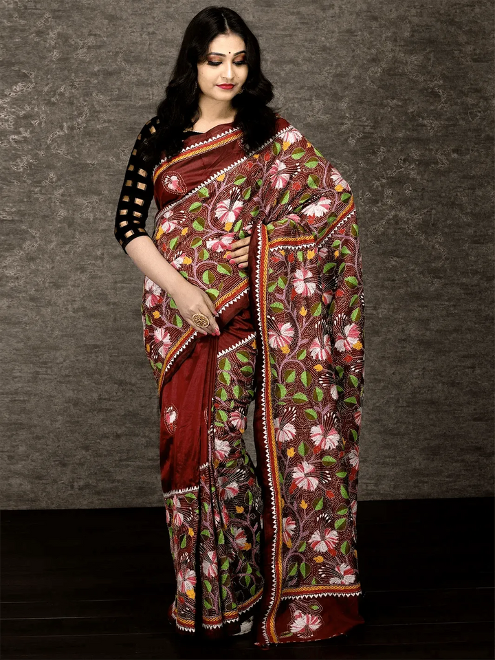 Wonderful Maroon Nakshi Kantha Stitch Bangalore Silk Saree - WeaversIndia