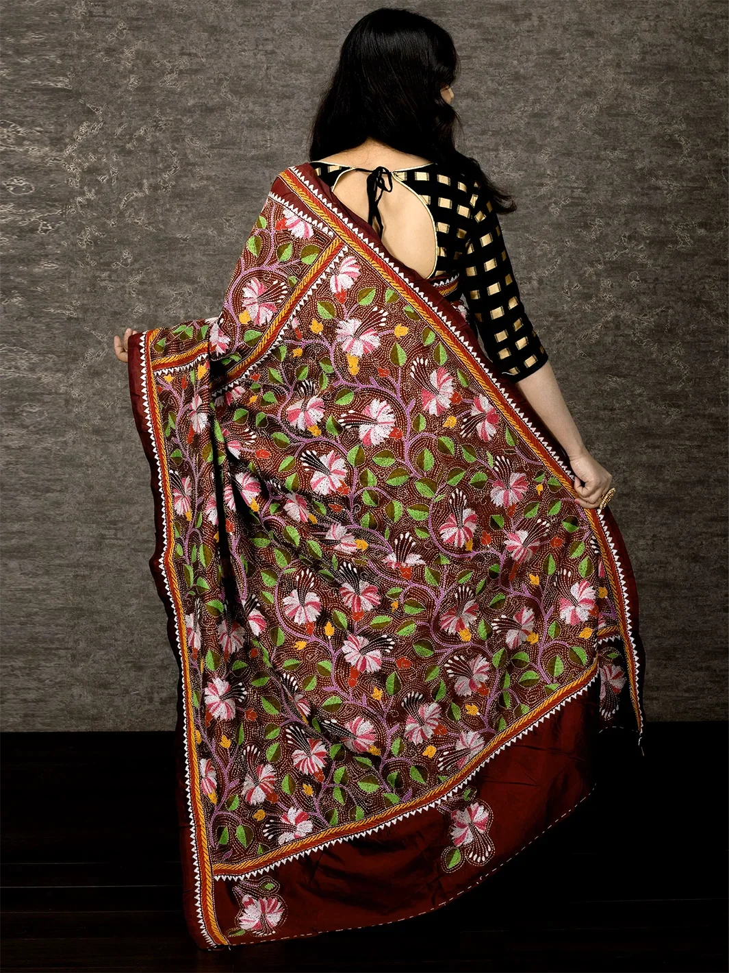 Wonderful Maroon Nakshi Kantha Stitch Bangalore Silk Saree - WeaversIndia