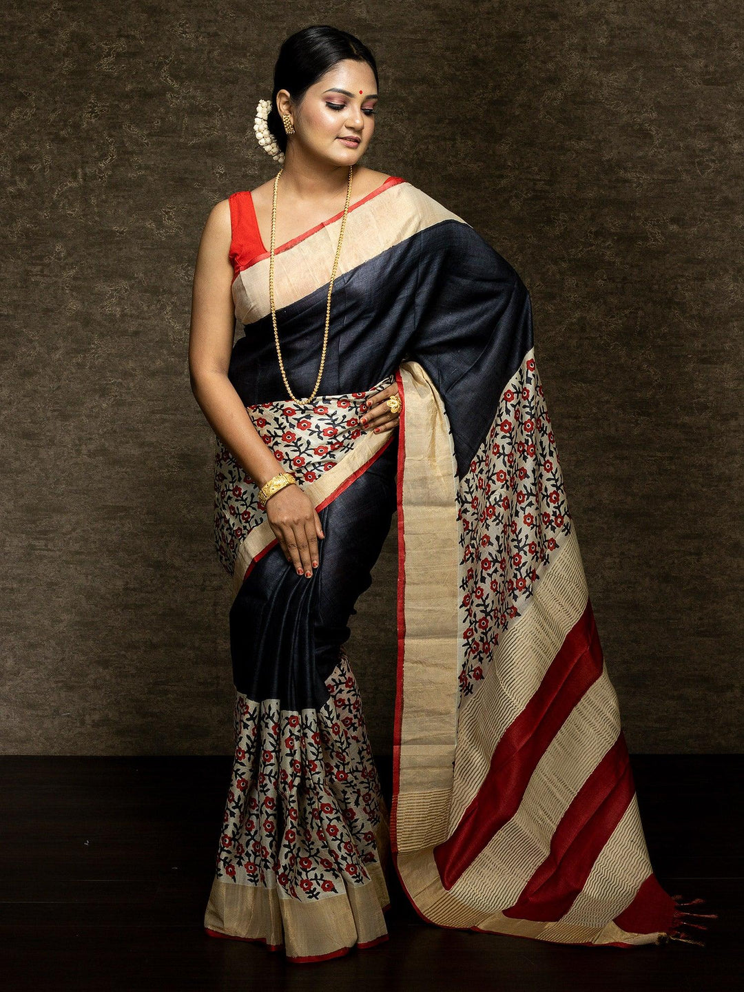 Wonderful Multi Color Par Anchal Block Printed Tussar Silk Saree - WeaversIndia