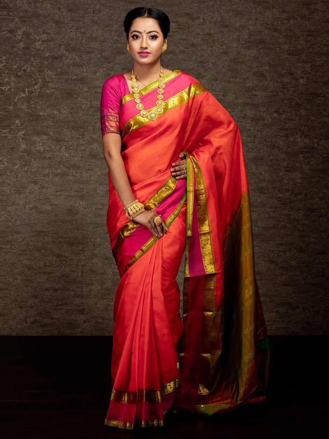 Wonderful Orange Woven Border Kanchipuram Silk Saree - WeaversIndia