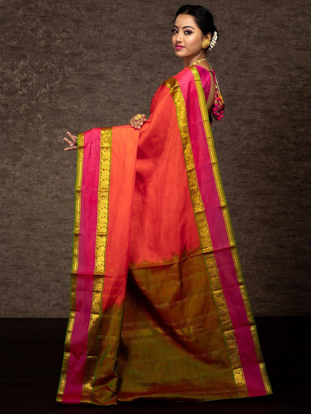 Wonderful Orange Woven Border Kanchipuram Silk Saree - WeaversIndia