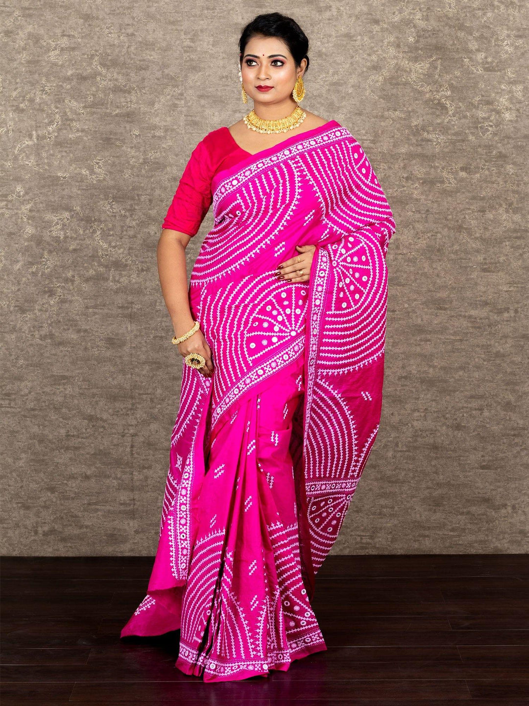 Wonderful Pink Gujrati Kantha Stitch Bangalore Silk Saree - WeaversIndia