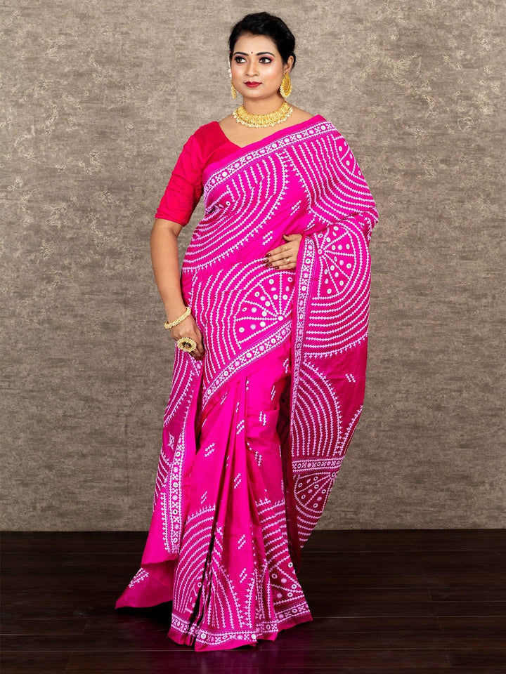 Wonderful Pink Gujrati Kantha Stitch Bangalore Silk Saree - WeaversIndia