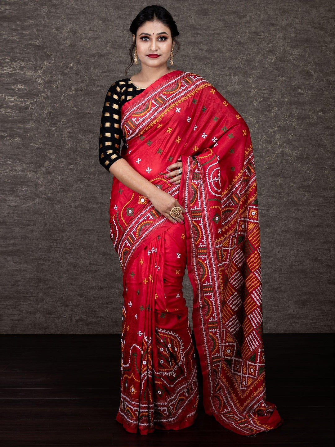 Wonderful Red Gujrati Kantha Stitch Bangalore Silk Saree - WeaversIndia