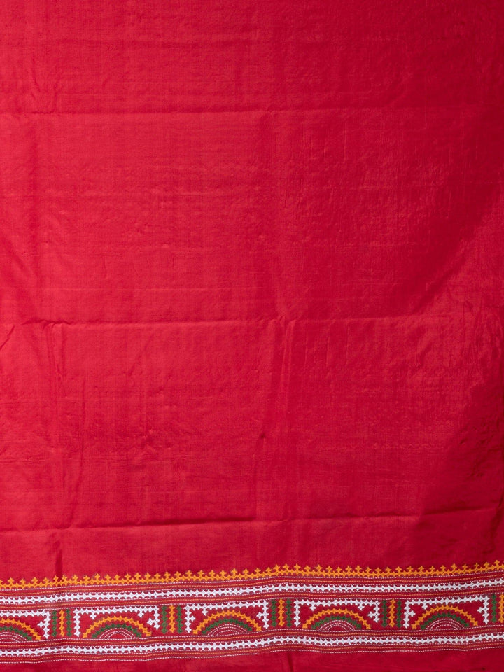 Wonderful Red Gujrati Kantha Stitch Bangalore Silk Saree - WeaversIndia