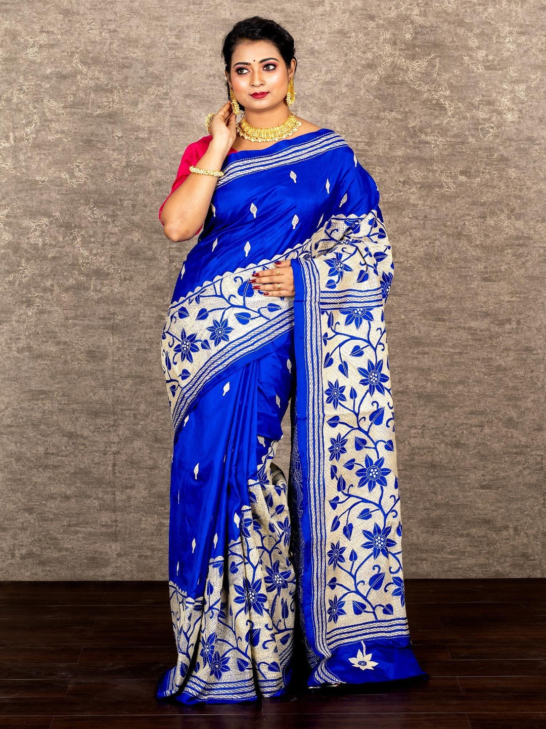 Wonderful Royal Blue Reverse Kantha Stitch Bangalore Silk Saree - WeaversIndia