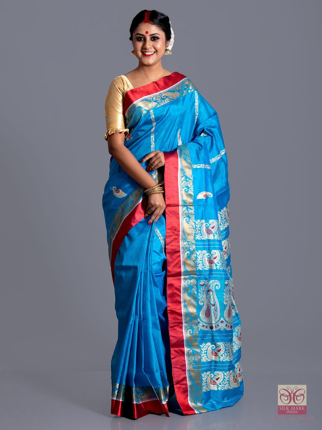 Wonderful Sky Blue Traditional Garad Silk Saree - WeaversIndia