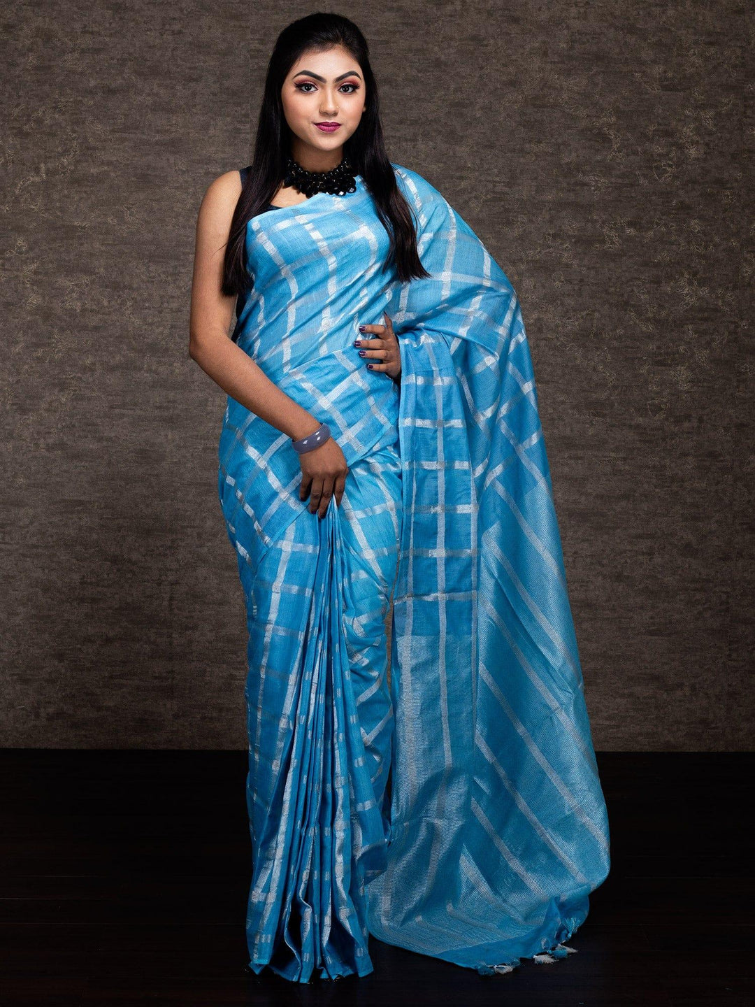 Wonderful Sky Blue Woven Jari Checks Slab Cotton Saree - WeaversIndia