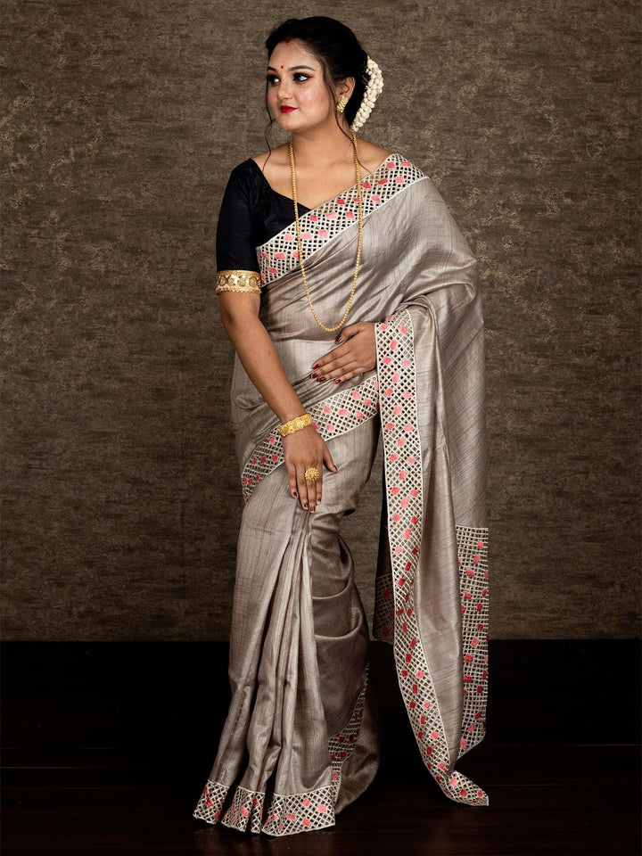 Wonderful Still Grey Embroidered Cutwork Tussar Silk Saree - WeaversIndia