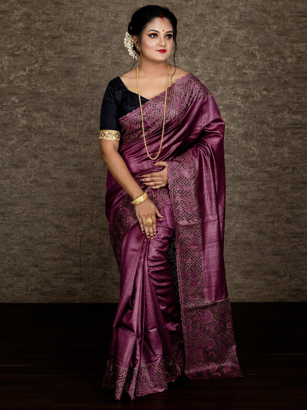 Wonderful Violet - Red Embroidered Cutwork Tussar Silk Saree - WeaversIndia