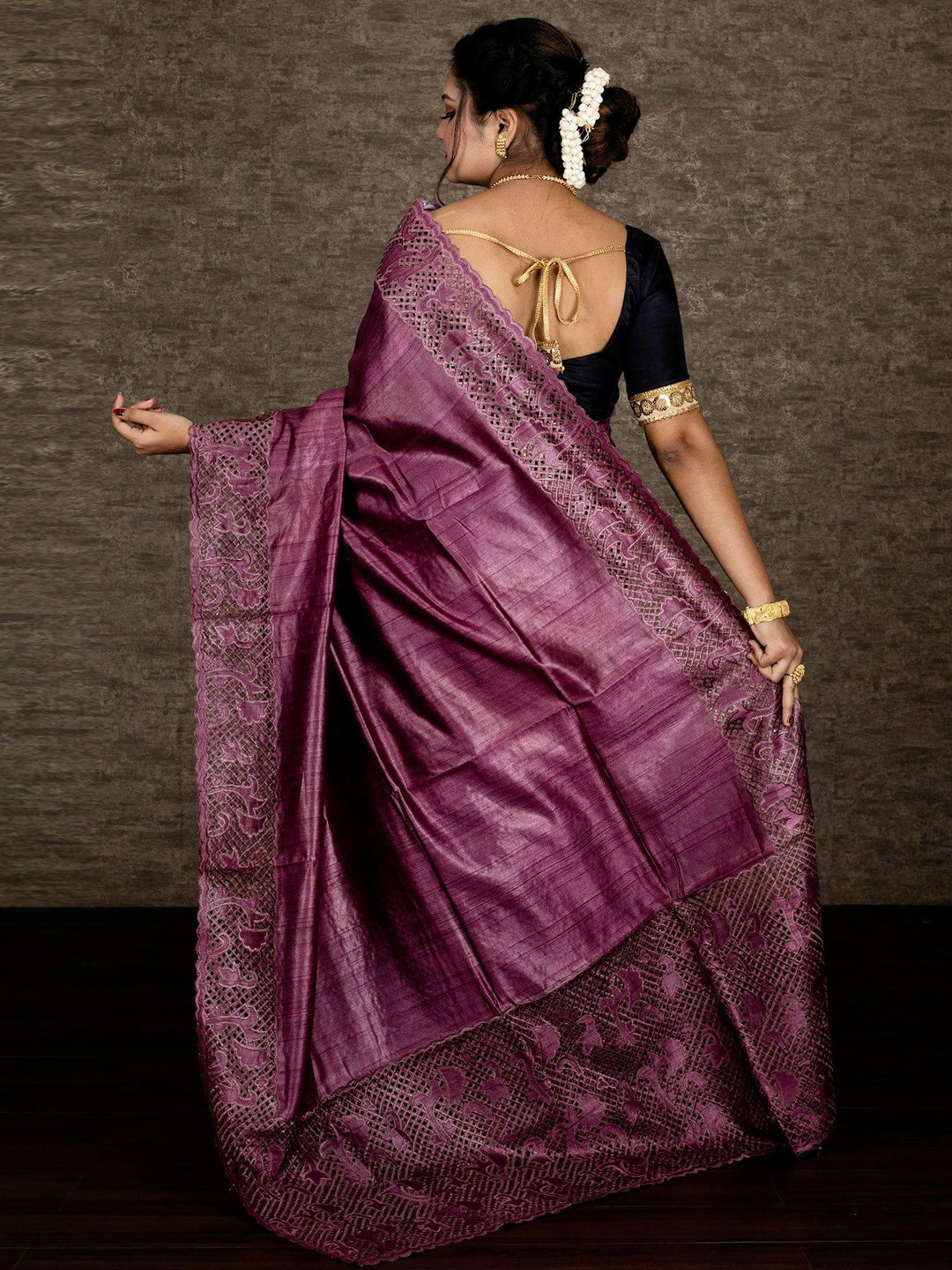 Wonderful Violet - Red Embroidered Cutwork Tussar Silk Saree - WeaversIndia