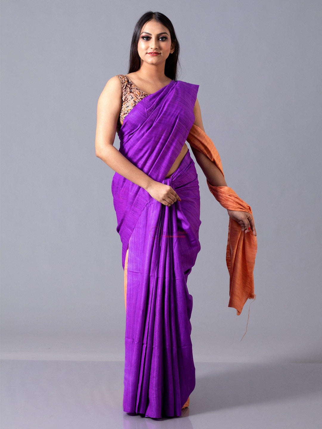 Wonderful Violet With Tea Rose Body Anchal Ghicha Silk Saree - WeaversIndia