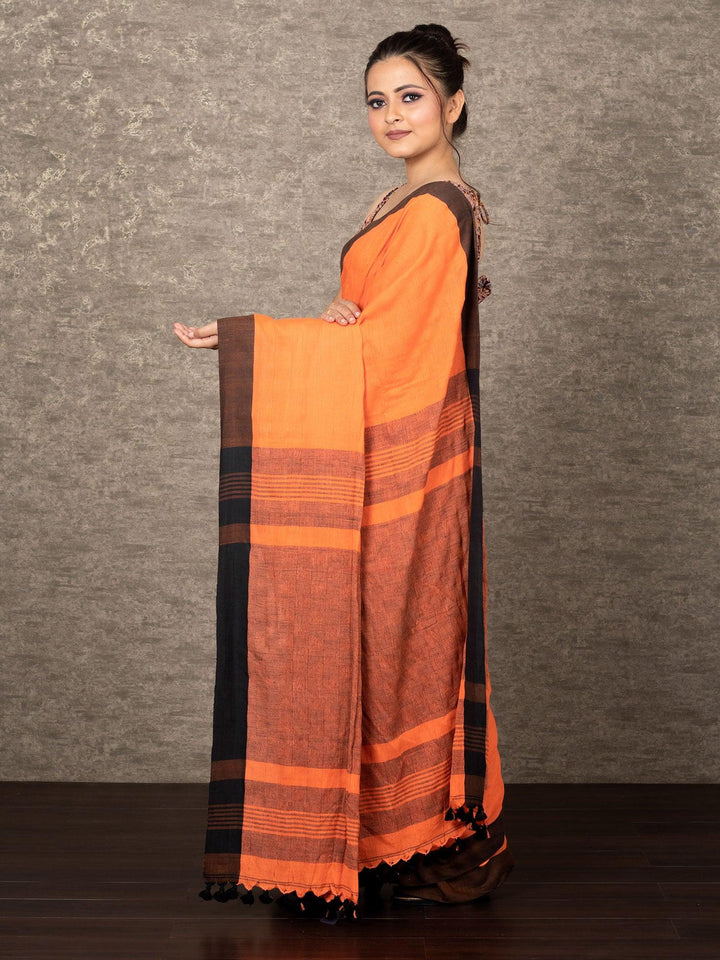 Woven Box Motif Orange Handwoven Khadi Cotton Saree - WeaversIndia