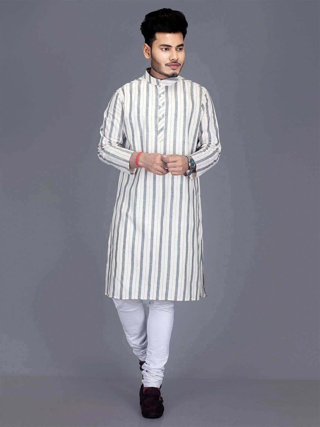 Woven Striped Slim Fit Handwoven Cotton Men Kurta - WeaversIndia
