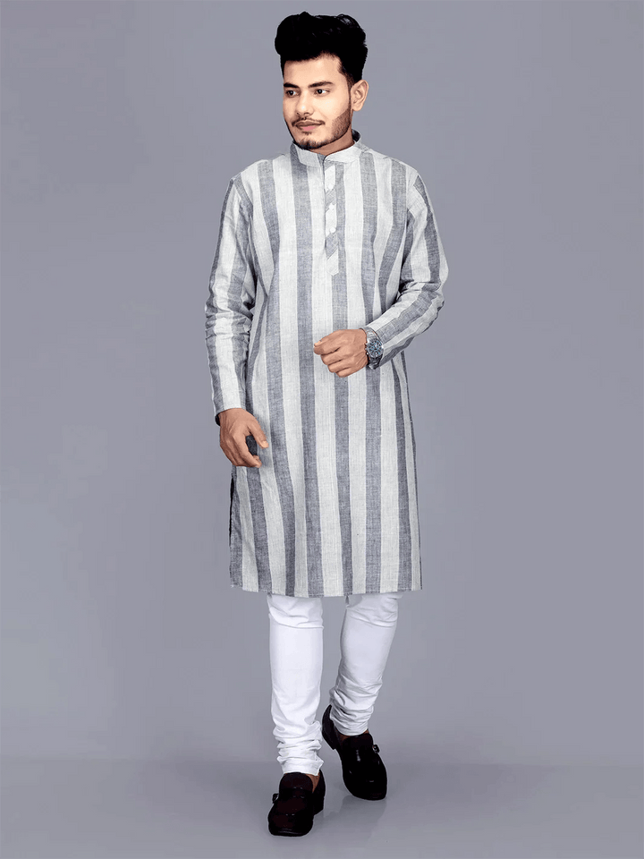 Woven Striped Slim Fit Handwoven Cotton Men Kurta - WeaversIndia