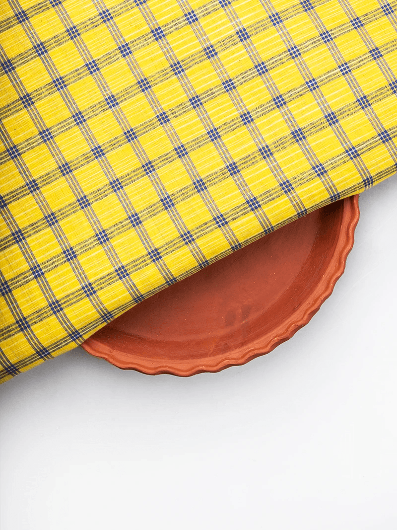 Yellow Blue Checks Handwoven Organic Cotton Fabric 44 Inch Width - WeaversIndia