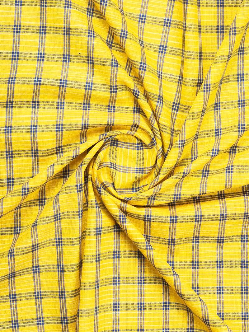 Yellow Blue Checks Handwoven Organic Cotton Fabric 44 Inch Width - WeaversIndia