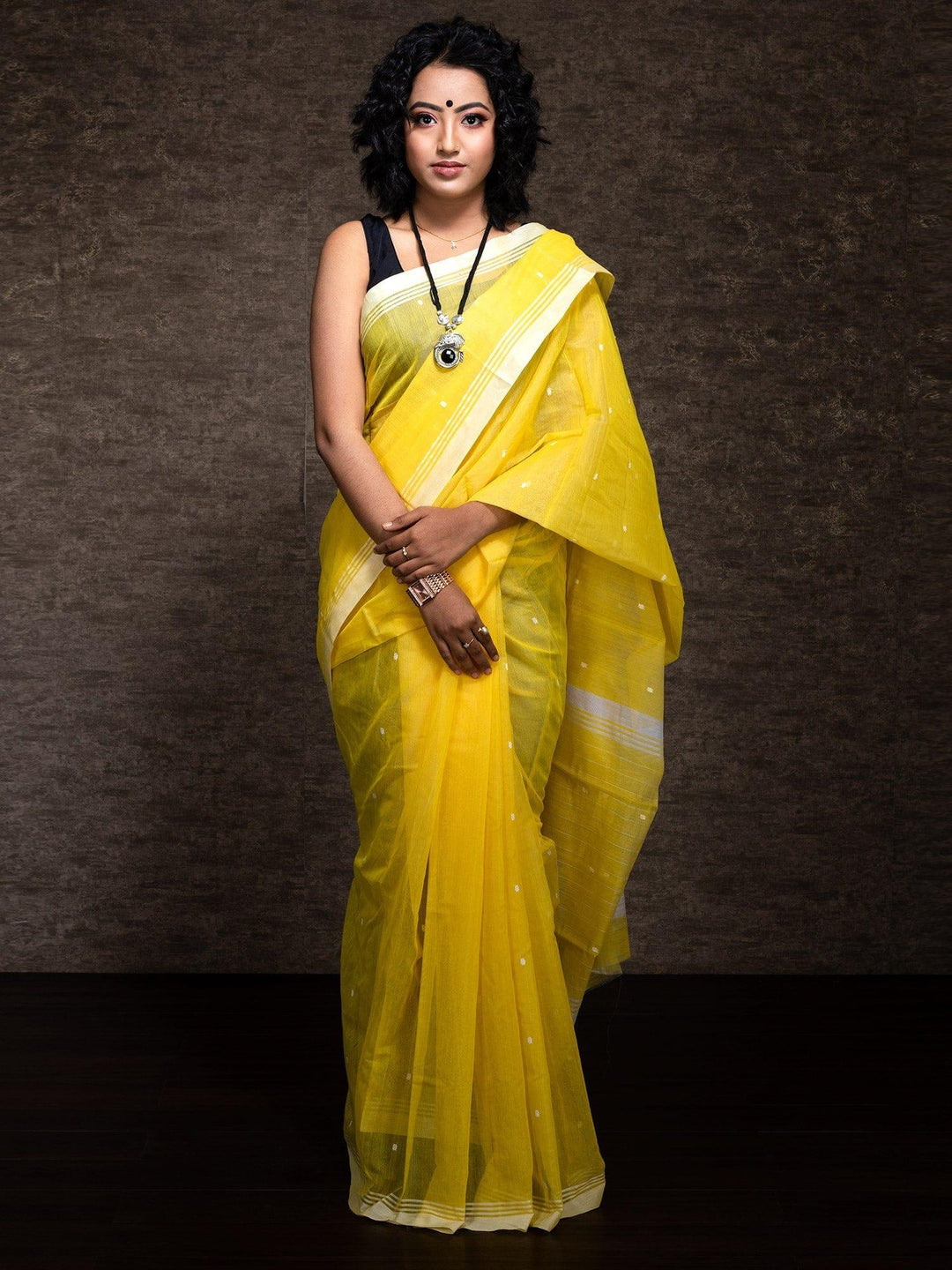 Yellow Chanderi Silk Jamdani Saree - WeaversIndia