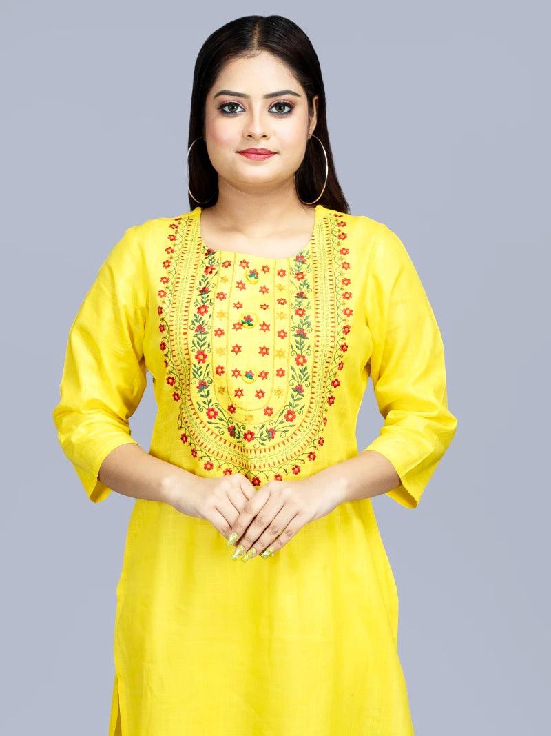 Yellow Embroidered Medium Length Cotton Kurta - WeaversIndia