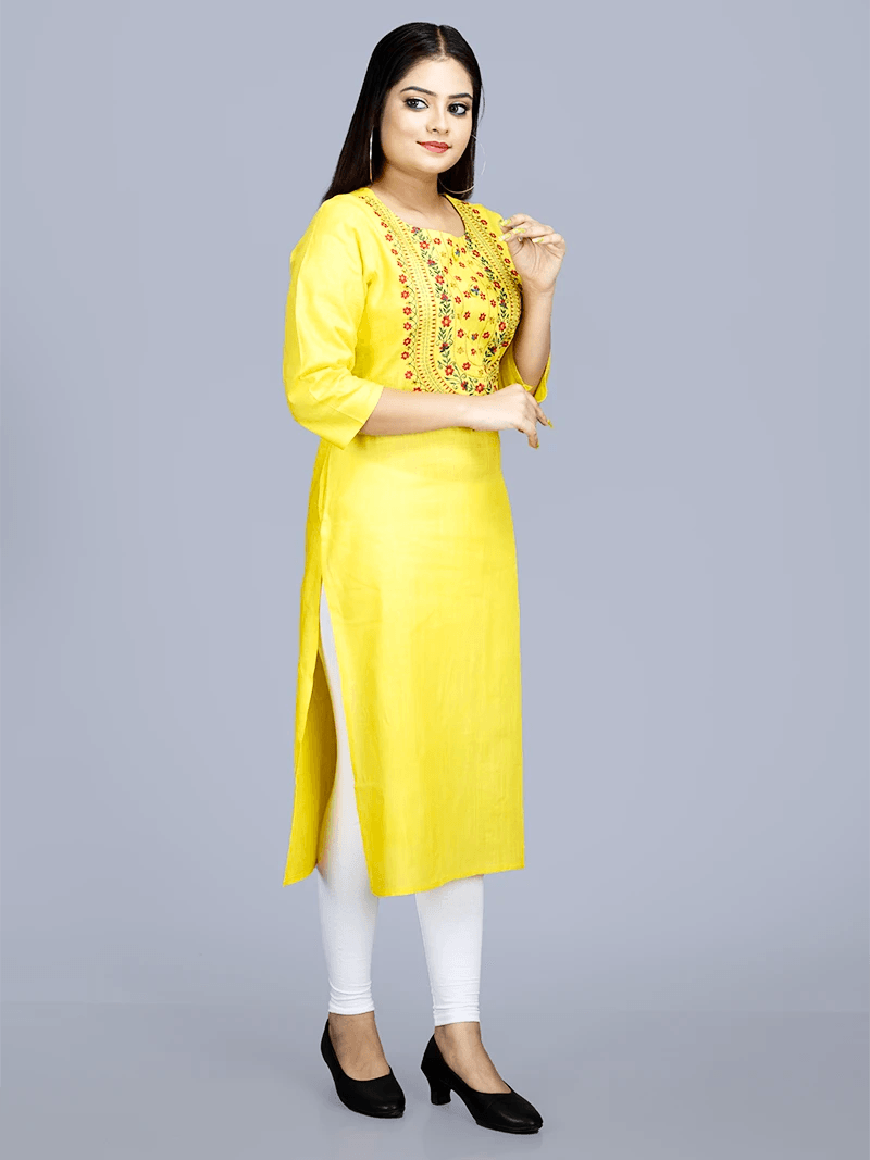 Yellow Embroidered Medium Length Cotton Kurta - WeaversIndia