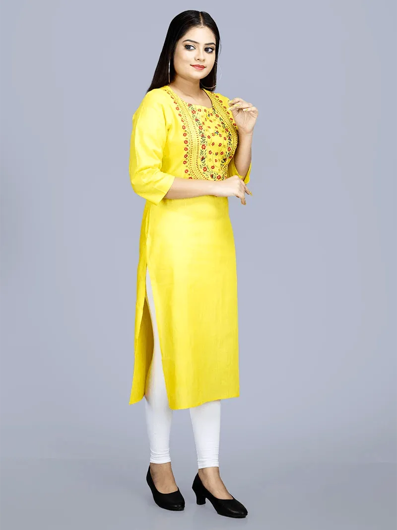 Yellow Embroidered Medium Length Cotton Kurta - WeaversIndia