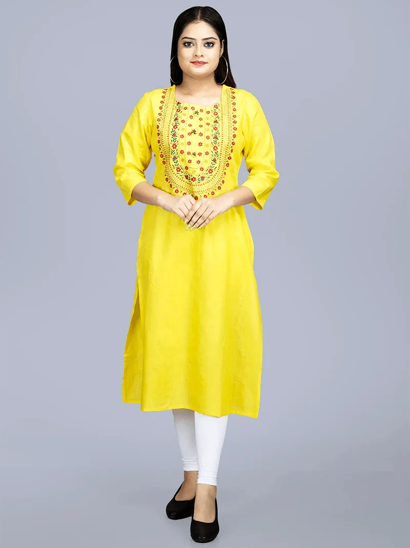 Yellow Embroidered Medium Length Cotton Kurta - WeaversIndia