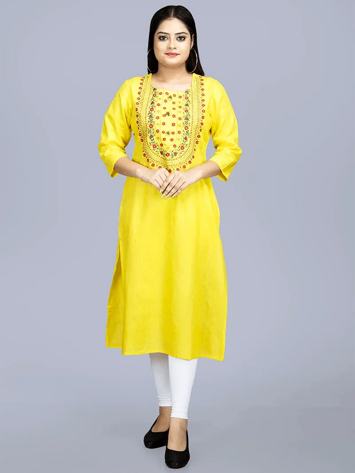 Yellow Embroidered Medium Length Cotton Kurta - WeaversIndia