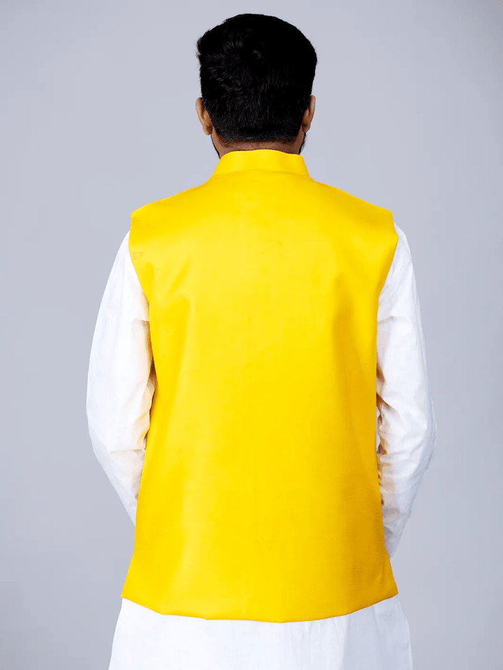 Yellow Handwoven Cotton Modi Jacket - WeaversIndia