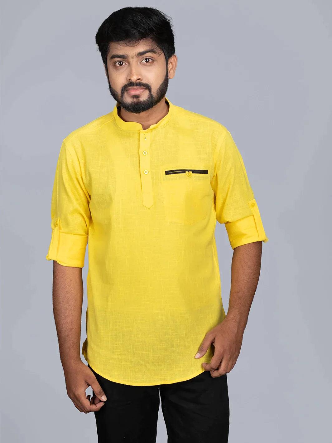 Yellow Handwoven Cotton Slab Men Short Kurta - WeaversIndia