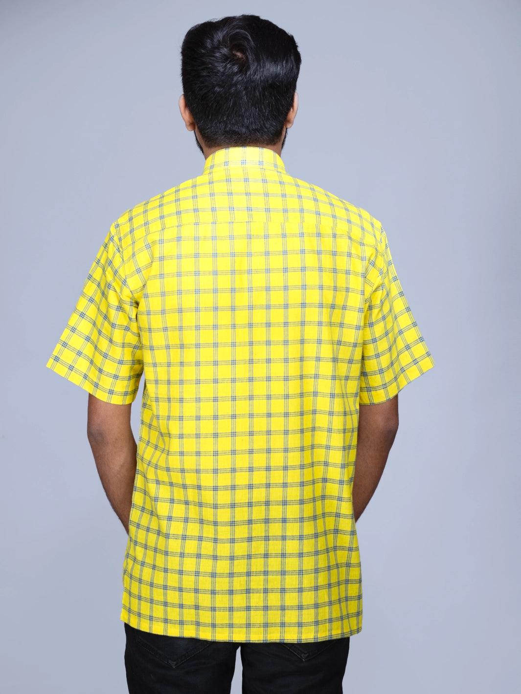 Yellow Handwoven Organic Cotton Checks Fitted Men Shirt - WeaversIndia