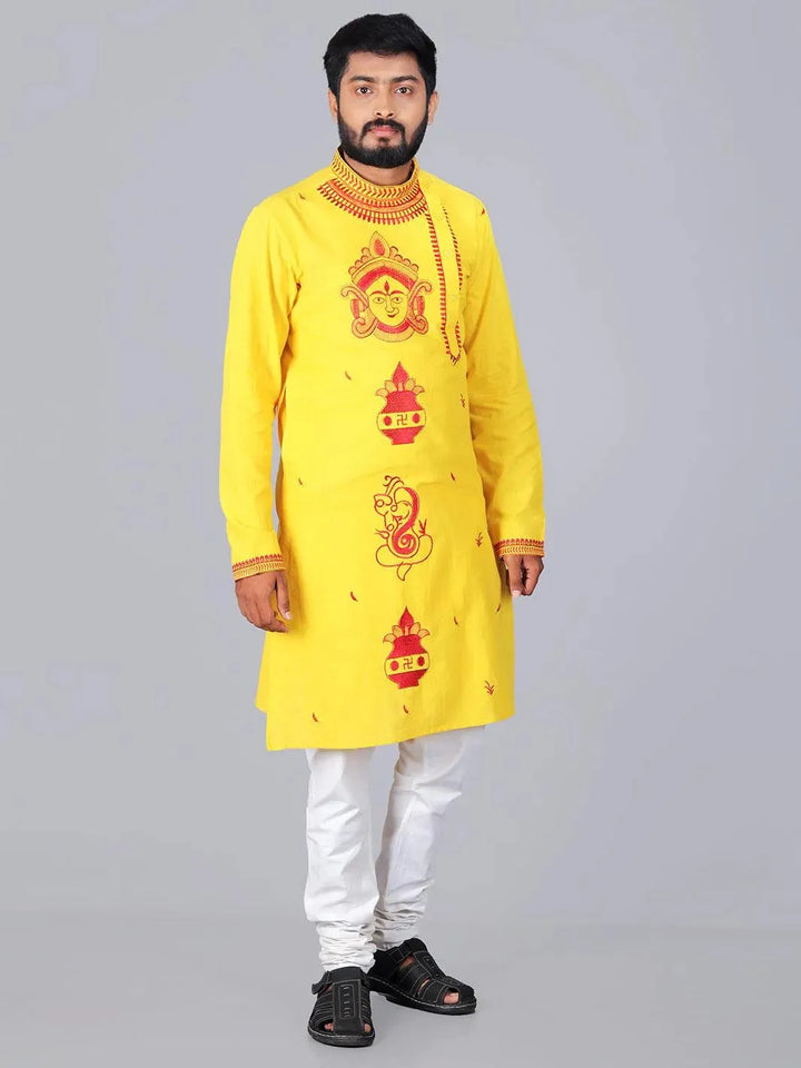 Yellow Ghot Motif Embroidered Handwoven Cotton Men Kurta - WeaversIndia