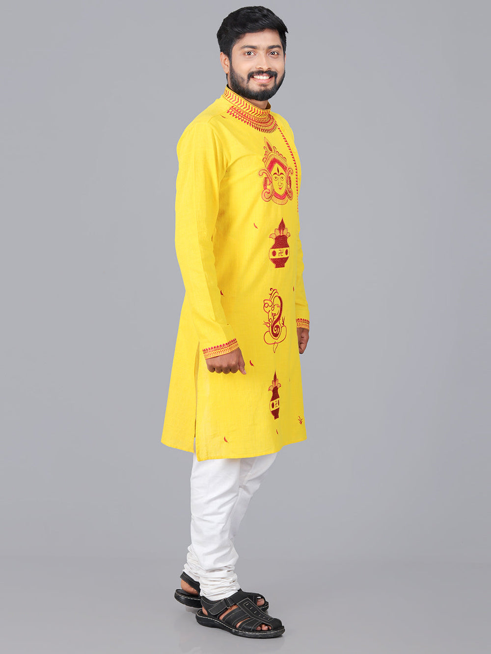 Yellow Handwoven Organic Cotton Embroidered Men Kurta - WeaversIndia