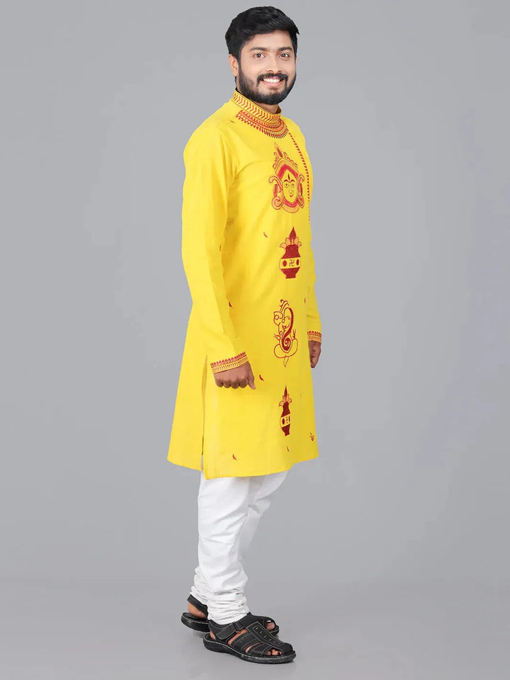 Yellow Ghot Motif Embroidered Handwoven Cotton Men Kurta - WeaversIndia