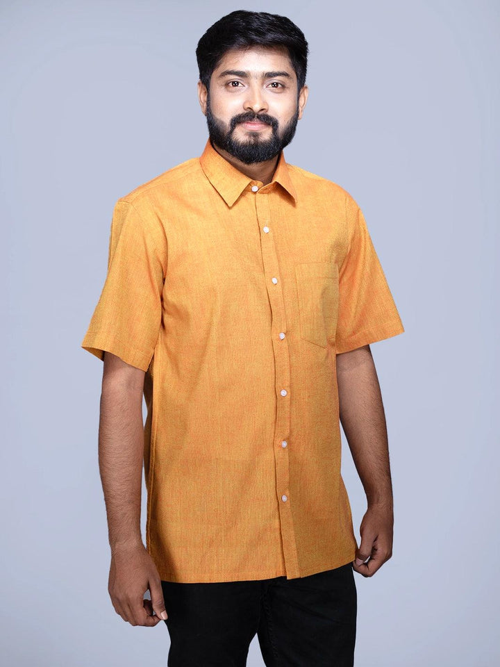 Yellow Orange Dual Tone Handwoven Organic Cotton Formal Men Shirt - WeaversIndia