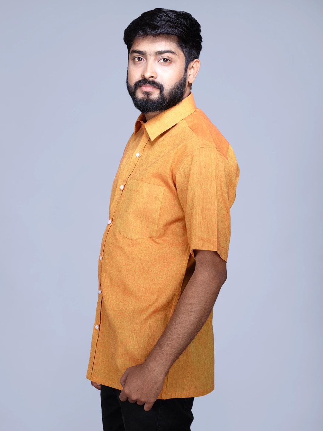 Yellow Orange Dual Tone Handwoven Organic Cotton Formal Men Shirt - WeaversIndia